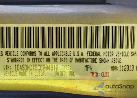 2012 Dodge Durango z USA, uszkodzony, nr VIN 1C4SDHDT5CC204912